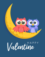 Happy Valentine. Card  Valentine's Day with owls sitting on the moon at night