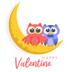 Happy Valentine. Card  Valentine's Day with owls sitting on the moon at night