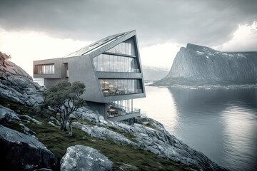 Fototapeta premium Architektur Konzept Brainstorming Skizze moderne Bauform der Zukunft eines Haus oder Bauwerk mit viel Glas Digital Art Hintergrund Backdrop mit Generative AI erstellt