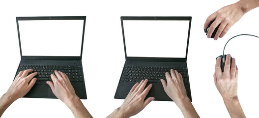 Closeup shot hands using laptop computer and internet , typing text, edit something. Remote job concept.Hands with laptop computer keyboard isolated on a transparent background.