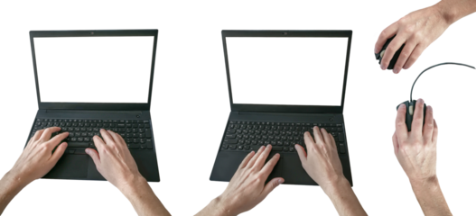 Closeup shot hands using laptop computer and internet , typing text, edit something. Remote job concept.Hands with laptop computer keyboard isolated on a transparent background.