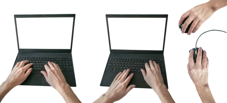 Closeup shot hands using laptop computer and internet , typing text, edit something. Remote job concept.Hands with laptop computer keyboard isolated on a transparent background. - Powered by Adobe