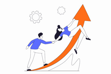 Leadership concept with people scene in flat outline design. Man and woman cooperate and develop business and increase financial profit. Illustration with line character situation for web