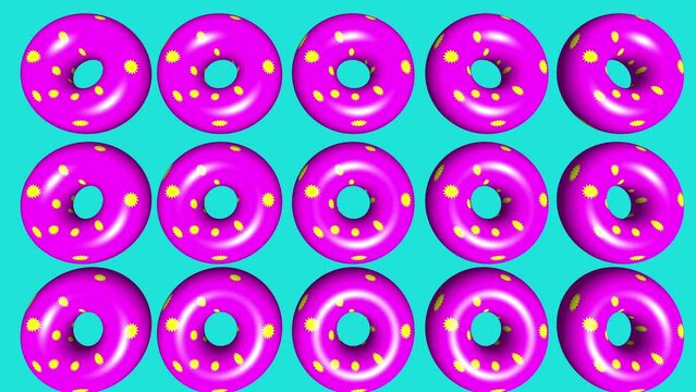Colorful pink donut cakes spining background pop art animation