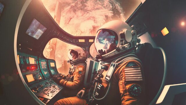3d ANIMATION of Closeup cinematic view of two astronauts inside spacecraft capsule landing from the space to planet. Camera shaking effect animation.