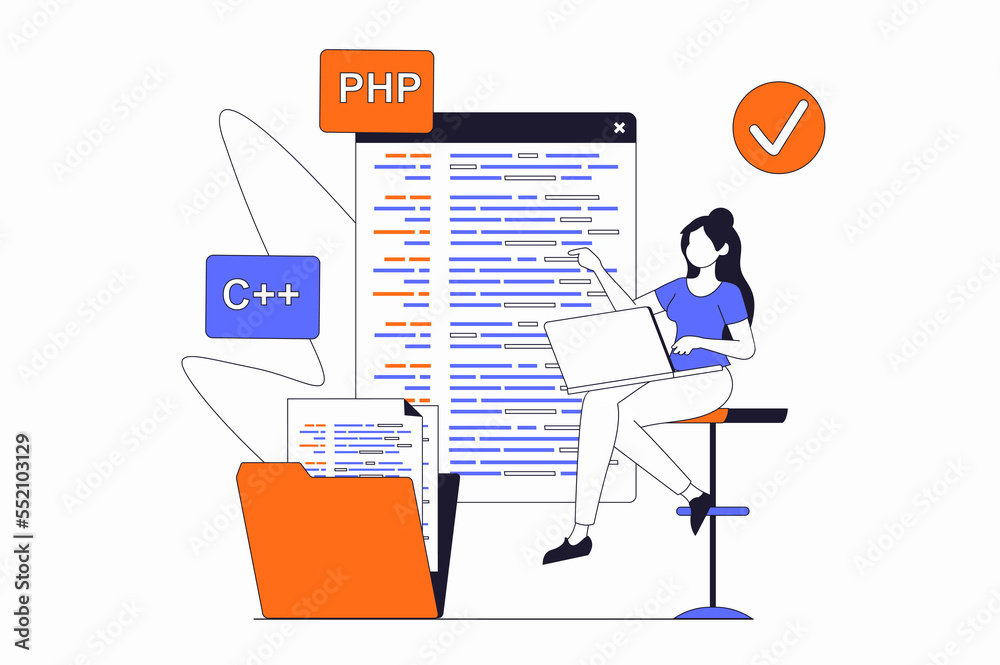 Leinwandbilder programmers working concept with people scene in flat outline design. woman working with code, optim