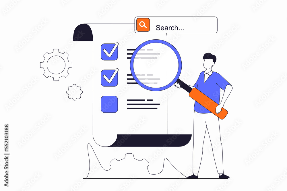 Poster Seo optimization concept with people scene in flat outline design. Man with magnifier researching traffic data and works with checklist. Illustration with line character situation for web