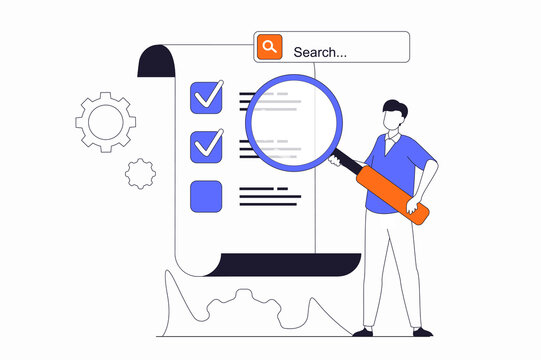 Seo optimization concept with people scene in flat outline design. Man with magnifier researching traffic data and works with checklist. Illustration with line character situation for web