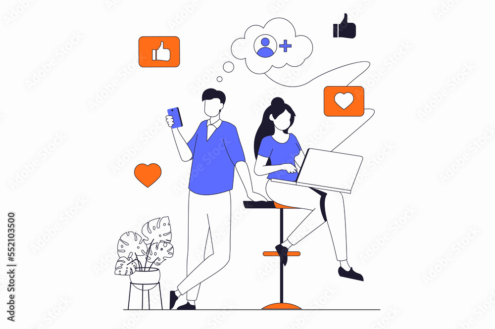 Leinwandbilder social network concept with people scene in flat outline design. man and woman view new posts, put l