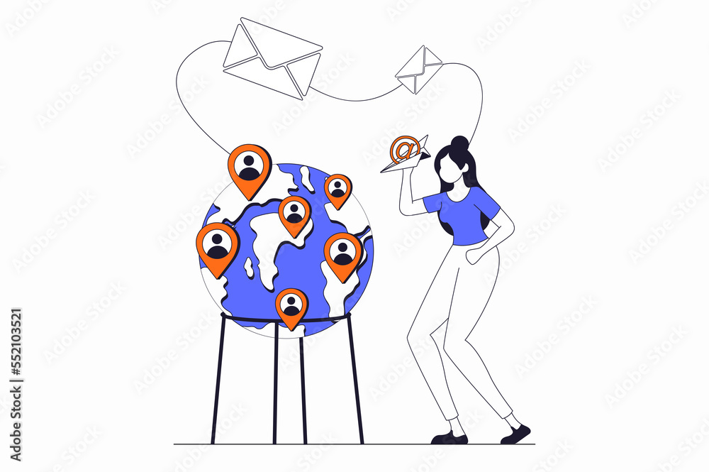 Poster social network concept with people scene in flat outline design. woman communicates global online wi
