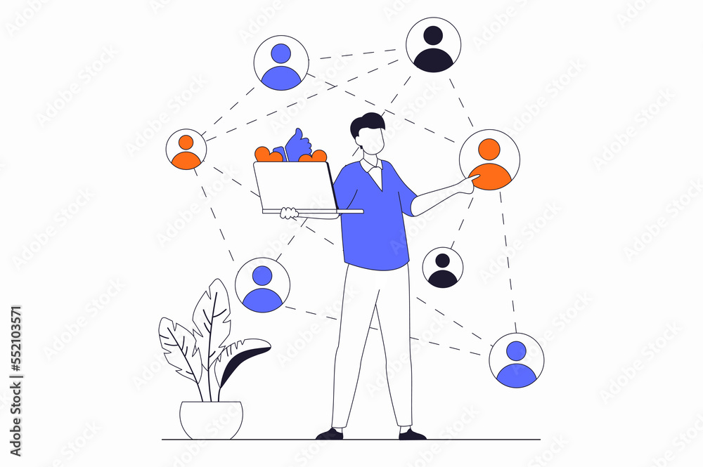 Poster social network concept with people scene in flat outline design. man communicates online and interac