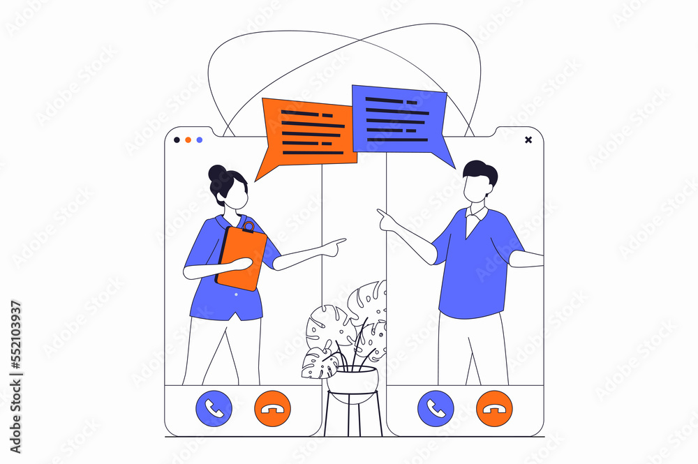 Poster video conference concept with people scene in flat outline design. woman and man communicate online 