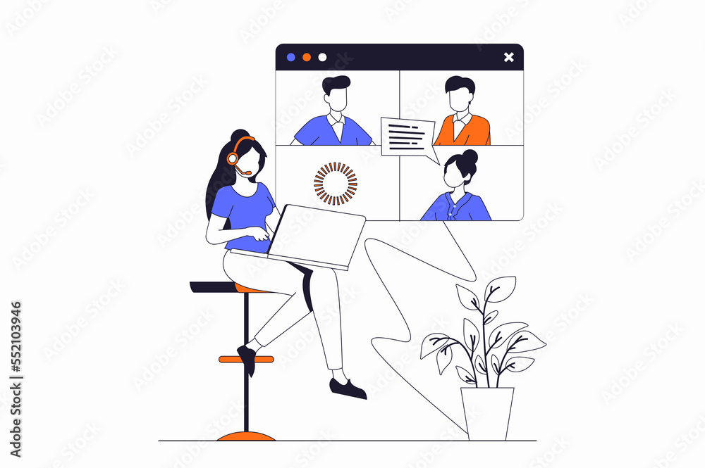 Poster video conference concept with people scene in flat outline design. woman and man colleagues communic