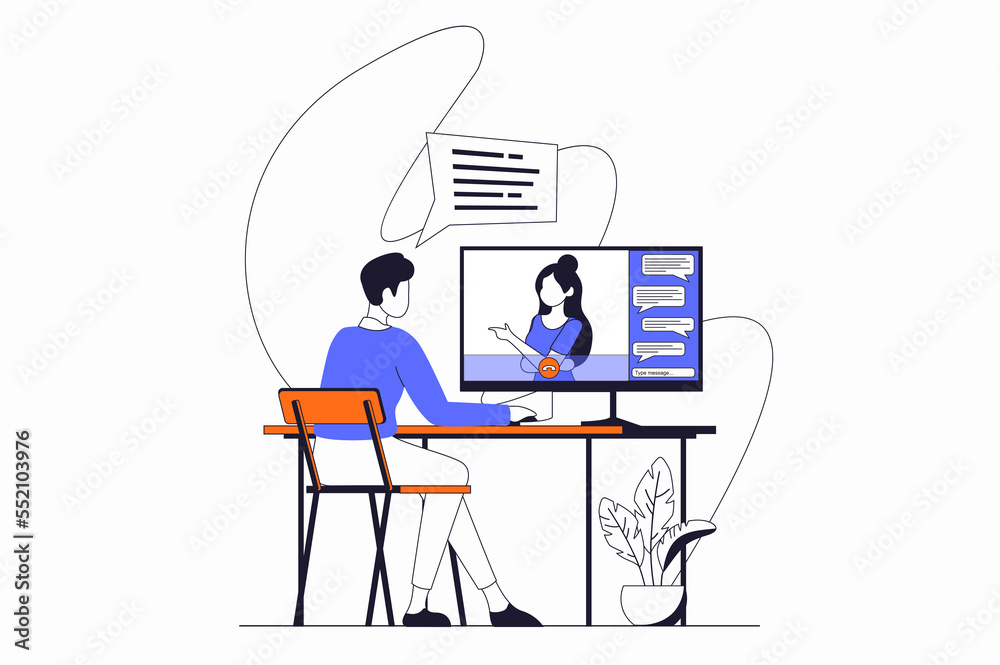 Aufkleber Video conference concept with people scene in flat outline design. Man calling woman in zoom using computer app and discusses work tasks. Illustration with line character situation for web