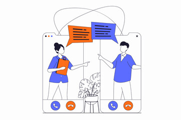 Video conference concept with people scene in flat outline design. Woman and man communicate online using video call on mobile phone apps. Illustration with line character situation for web