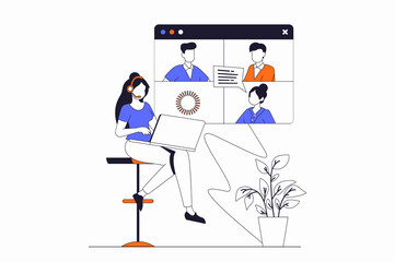 Video conference concept with people scene in flat outline design. Woman and man colleagues communicate online using video call at laptop. Illustration with line character situation for web