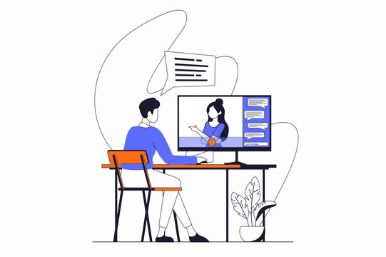 Video conference concept with people scene in flat outline design. Man calling woman in zoom using computer app and discusses work tasks. Illustration with line character situation for web