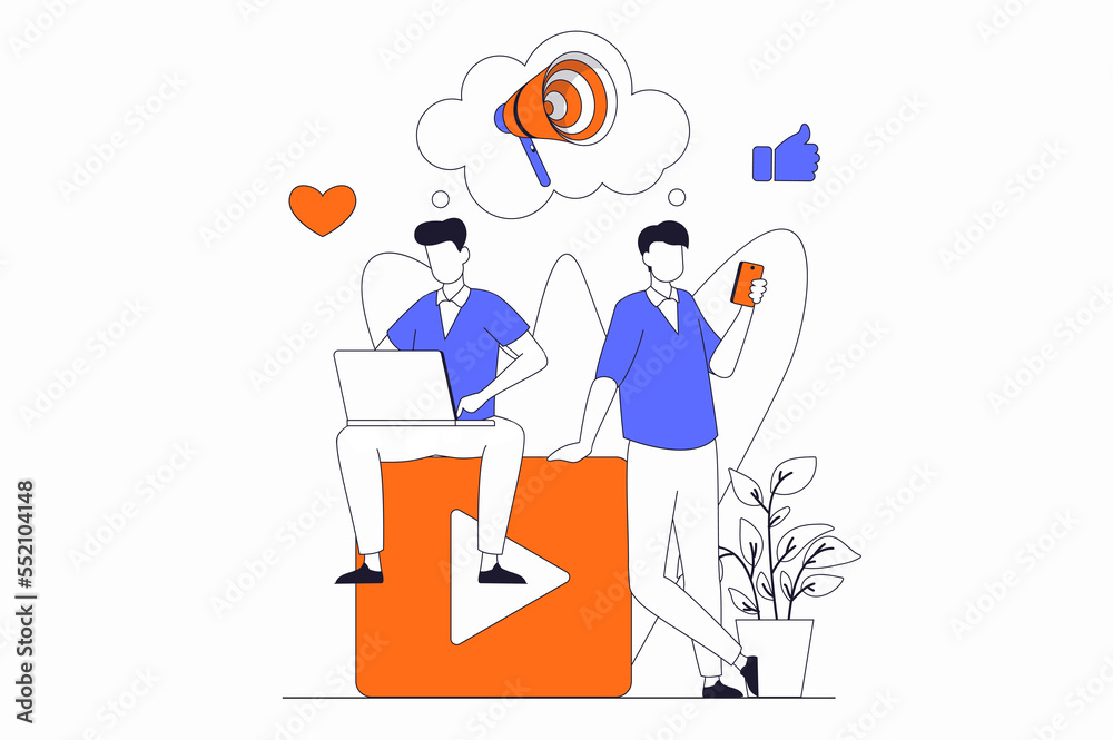 Aufkleber Video marketing concept with people scene in flat outline design. Man makes ad campaign using social networks and content to attract clients. Illustration with line character situation for web