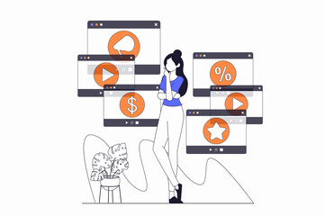 Video marketing concept with people scene in flat outline design. Woman uses different marketing tools and content for online promotion. Illustration with line character situation for web