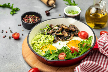Fried eggs for breakfast with avocado and mushrooms in a pan, Delicious breakfast or snack, Clean eating, dieting, vegan food concept. top view