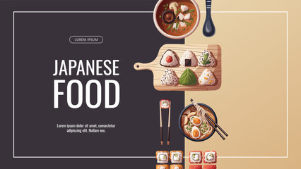 Banner design with Onigiri, Sushi, Miso soup, ramen. Japanese food, healthy eating, cooking, menu concept. Vector illustration. Banner, promo, flyer, advertising.