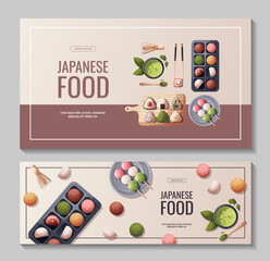 Set of Banners with sweet Mochi, dango, matcha tea, onigiri. Japanese food, healthy eating, cooking, menu, sweet food, dessert concept. Vector illustration. Banner, flyer, promo, advertising. 