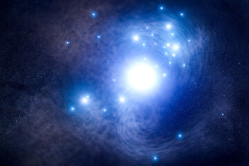 Fototapeta premium Millions of light yeas away, an elusive Star Behind a Supernova in a galaxy in outer space. A blue supergiant star. Digitally enhanced. Elements of this image furnished by NASA.