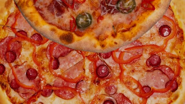 trendy animation or background of different types of moving salami pizza and spicy jalapeno. Seamless pattern with pizza. Realistic animation.