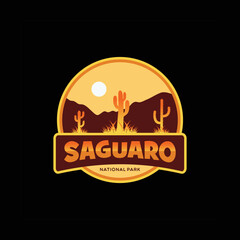 Saguaro National Park Illustration logo suitable for badge , vintage, patch, sticker, logo with mountain and cactus background 1