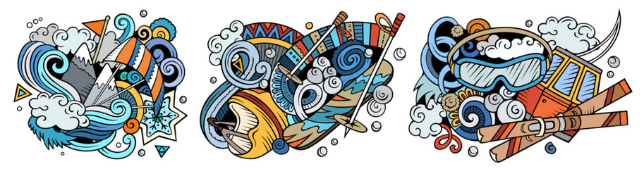 Winter sports cartoon vector doodle designs set.