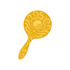 Vintage gold hand mirror frame vector illustration. Cartoon drawing of antique or old-fashioned mirror with golden ornament for women isolated on white background. Vintage, luxury concept