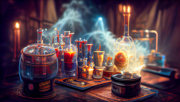 Wizard laboratory, chemical tubes and flasks of different shape and color, illustration in 3D style