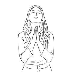 desperate hopeful girl close eyes hold hands pray line cartoon illustration