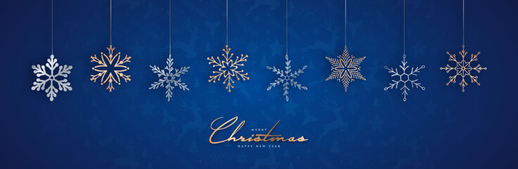 Merry Christmas, new year banner and greeting card with snowflakes and luxury gold typography. Xmas elements on blue background. Vector illustration poster, banner, cover, social media template