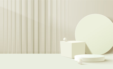 Abstract 3d white cylinder pedestal podium with pastel wall scene and circle backdrop, scene for advertising