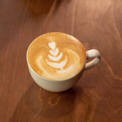 Coffee latte, froth art in the cup on wooden table
