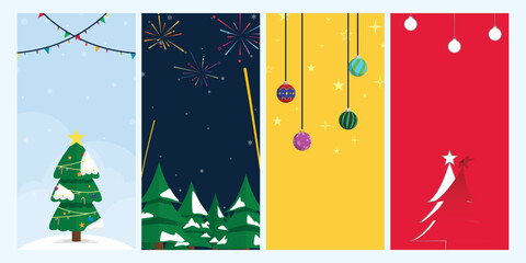 Christmas and new year portrait vertical banner collection. Christmas tree with snow, firework scene, ornament Christmas scene, and paper style vector EPS10