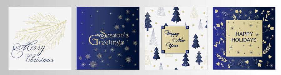 Fototapeta na wymiar A set of New Year's and Christmas card backgrounds, greetings with elements of festive mood and decor, Christmas trees, deer, branches, nature, inscription. Corporate postcards.