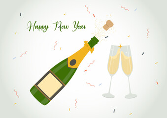 Two champagne glasses with a champagne bottle explosion. New Year's Eve Celebration. Holiday toast. Flat vector illustration