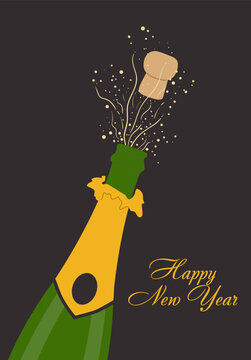 A champagne bottle explosion on the black backround. New Year's Eve Celebration. Flat vector illustration