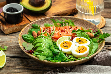 Keto bowl salmon salad with greens, eggs and avocado. Ketogenic diet breakfast lunch. Top view