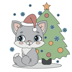 Children's coloring isolated coloring cute Christmas kat sitting by the Christmas tree, around snowflakes. Children's vector illustration for children's room, textile, poster, postcard, coloring book.