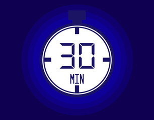 30 minutes stopwatch vector icon. Stopwatch icon in clock style. Timer for schedules and appointments on blue background