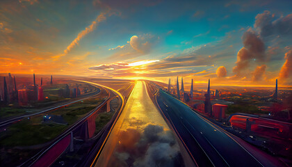 Obraz premium Abstract futuristic city with ultra speed highways during sunset time, generative ai illustration