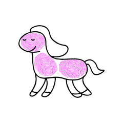 Colorful fingerprint horse cartoon illustration. Idea for painting animals with fingerprints for kids. Cute childish drawing. Game, learning, education, development concept.