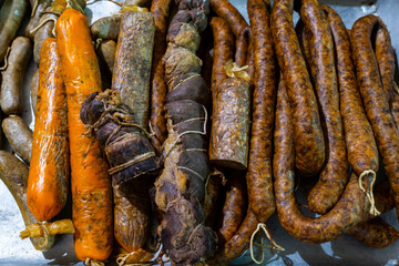 Home made smoked sausage, rolled meat, liver sausage , traditional transylvanian hungarian pork...