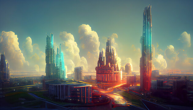 Abstract futuristic city with ultra speed highways, digital illustration in 3D style