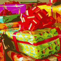 Square background, colorful holiday gift boxes with ribbons and bows. Christmas gift boxes