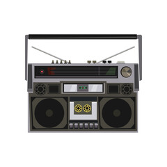 Old boombox recorder cartoon illustration. Drawing of vintage tape recorder isolated on white background. Device for listening to music from cassette. Media, radio, entertainment concept