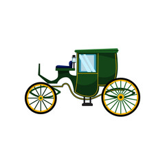 Green vintage carriage for royals vector illustration. Cartoon drawing of retro cart for princess, king or Cinderella without horses on white background. Antique, transportation, history concept
